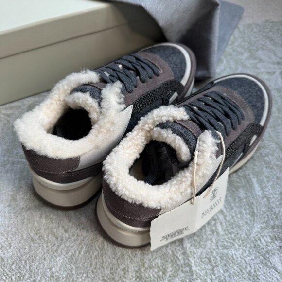 Brunello Cucinelli Fur-Lined Suede And Wool Sneakers - Picture 6 of 13